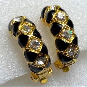 Swarovski Vintage Rhinestone black enamel bow-tie half-hoop clip-on earrings